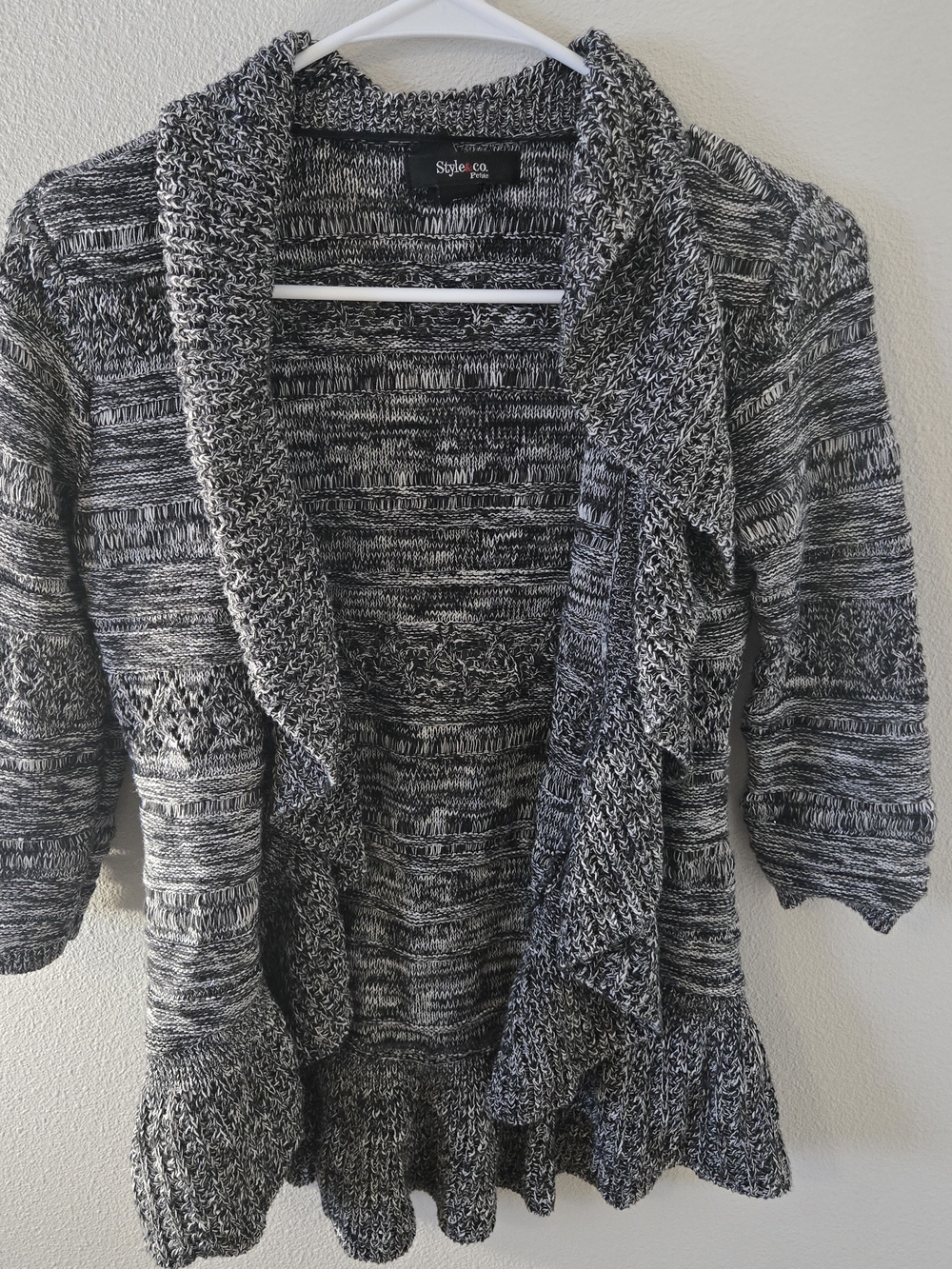 Style & Co. Women's Black/Gray Marled Ruffle Cardigan Sweater